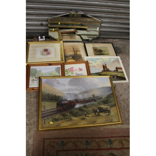 18 - A COLLECTION OF PICTURES AND PRINTS TO INCLUDE AN ANTIQUE UNFRAMED WATERCOLOUR, OIL ON BOARD OF A WI... 