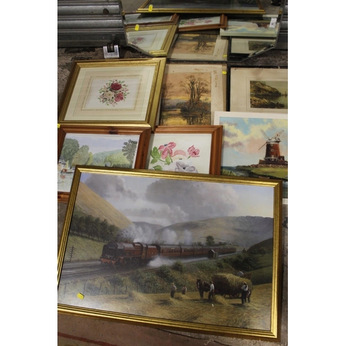 18 - A COLLECTION OF PICTURES AND PRINTS TO INCLUDE AN ANTIQUE UNFRAMED WATERCOLOUR, OIL ON BOARD OF A WI... 