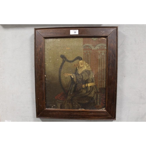 20 - AN ANTIQUE FRAMED UNSIGNED OIL ON CANVAS DEPICTING A BEARDED MAN PLAYING A HARP