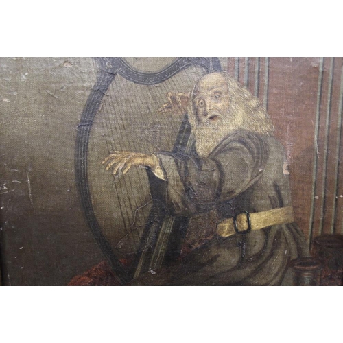 20 - AN ANTIQUE FRAMED UNSIGNED OIL ON CANVAS DEPICTING A BEARDED MAN PLAYING A HARP