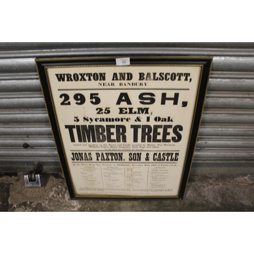 23 - A FRAMED ANTIQUE ADVERTISING POSTER FOR A SALE OF TIMER DATED 1875