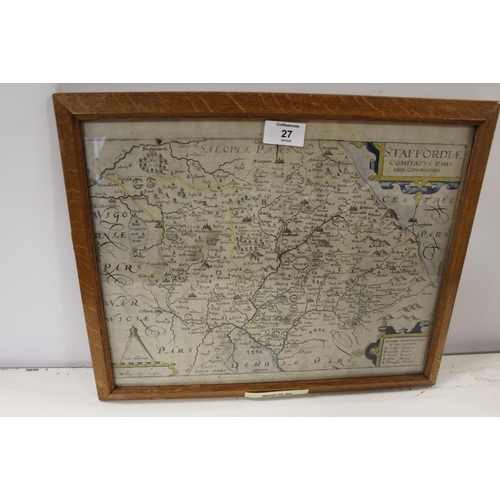 27 - A HAND COLOURED MAP OF STAFFORDSHIRE MARKED WILLIAM KIPP