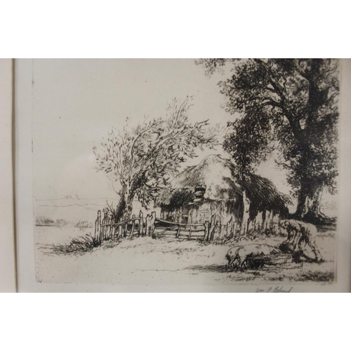 28 - AN ETCHING OF A MAN FEEDING PIGS SIGNED WILLIAM PALMER ROBBINS