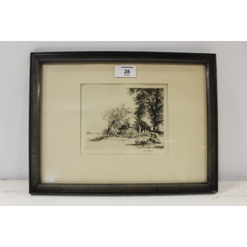 28 - AN ETCHING OF A MAN FEEDING PIGS SIGNED WILLIAM PALMER ROBBINS