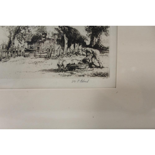 28 - AN ETCHING OF A MAN FEEDING PIGS SIGNED WILLIAM PALMER ROBBINS