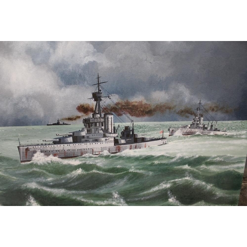 3 - AN UNFRAMED OIL ON BOARD DEPICTING BATTLE SHIPS IN CHOPPY SEA SIGNED BRYAN DIXON 1975