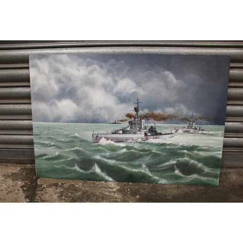 3 - AN UNFRAMED OIL ON BOARD DEPICTING BATTLE SHIPS IN CHOPPY SEA SIGNED BRYAN DIXON 1975