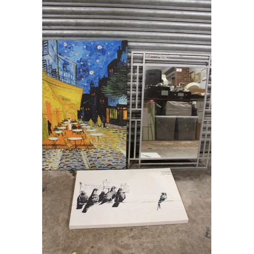 31 - A MODERN METAL FRAMED MIRROR TOGETHER WITH A BANKSY PRINT ON CANVAS PLUS ANOTHER (3)