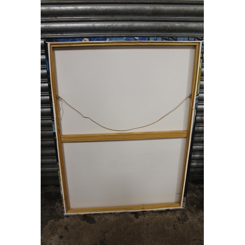 31 - A MODERN METAL FRAMED MIRROR TOGETHER WITH A BANKSY PRINT ON CANVAS PLUS ANOTHER (3)