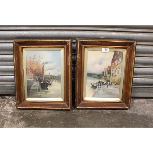 33 - A PAIR OF GILT FRAMED AND GLAZED OIL PAINTINGS OF RIVER SCENES WITH FIGURES SIGNED A L BUTLER