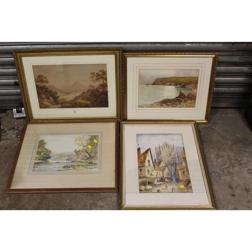 39 - FOUR FRAMED AND GLAZED WATERCOLOURS TO INCLUDE A MOUNTAINOUS SCENE SIGNED FRANCIS NICHOLSON R.W.S. T... 