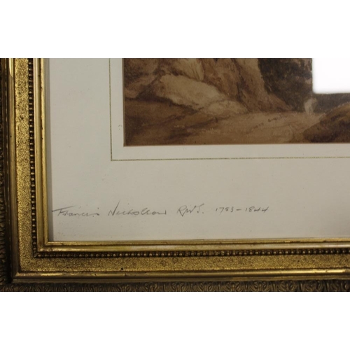 39 - FOUR FRAMED AND GLAZED WATERCOLOURS TO INCLUDE A MOUNTAINOUS SCENE SIGNED FRANCIS NICHOLSON R.W.S. T... 