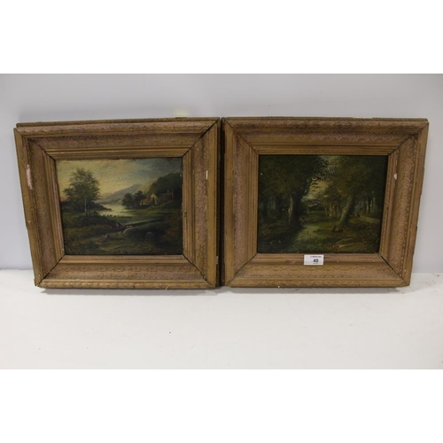 40 - A PAIR OF GILT FRAMED ANTIQUE OILS ON BOARD OF COUNTRY LANDSCAPES WITH FIGURES INDISTINCTLY SIGNED L... 