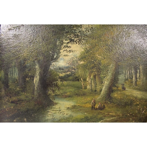 40 - A PAIR OF GILT FRAMED ANTIQUE OILS ON BOARD OF COUNTRY LANDSCAPES WITH FIGURES INDISTINCTLY SIGNED L... 