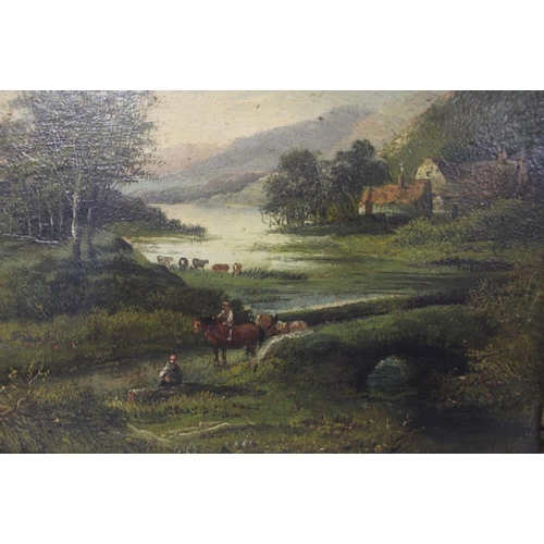 40 - A PAIR OF GILT FRAMED ANTIQUE OILS ON BOARD OF COUNTRY LANDSCAPES WITH FIGURES INDISTINCTLY SIGNED L... 