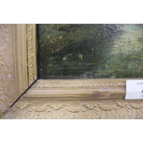 40 - A PAIR OF GILT FRAMED ANTIQUE OILS ON BOARD OF COUNTRY LANDSCAPES WITH FIGURES INDISTINCTLY SIGNED L... 