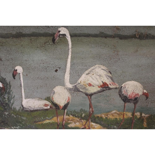 53 - A VINTAGE OIL ON BOARD DEPICTING FLAMINGOS AT THE WATERS EDGE