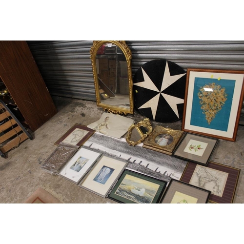 54 - A QUANTITY OF ASSORTED PICTURES PRINTS AND MIRRORS TO INCLUDE WATERCOLOURS, ARCHED GILT FRAMED MIRRO... 