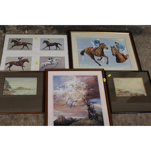 56 - THREE HORSE RACING GLAZED PRINTS TO INCLUDE A LESTER PIGGOTT EXAMPLE - SIGNED TO MOUNT TOGETHER WITH... 