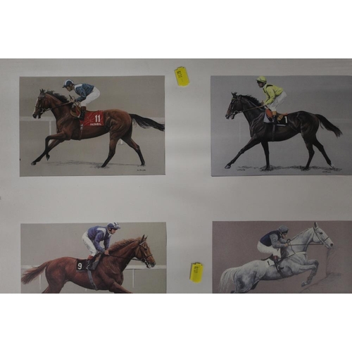 56 - THREE HORSE RACING GLAZED PRINTS TO INCLUDE A LESTER PIGGOTT EXAMPLE - SIGNED TO MOUNT TOGETHER WITH... 