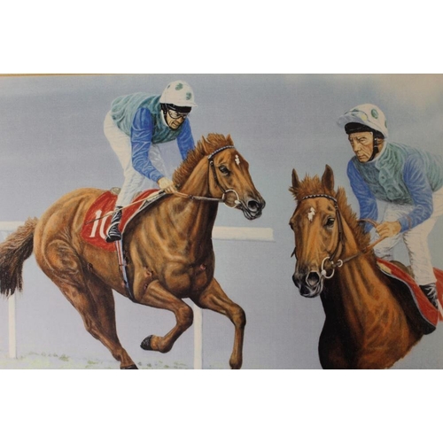 56 - THREE HORSE RACING GLAZED PRINTS TO INCLUDE A LESTER PIGGOTT EXAMPLE - SIGNED TO MOUNT TOGETHER WITH... 