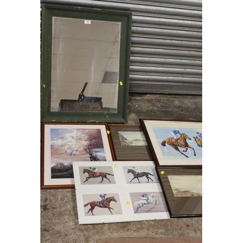 56 - THREE HORSE RACING GLAZED PRINTS TO INCLUDE A LESTER PIGGOTT EXAMPLE - SIGNED TO MOUNT TOGETHER WITH... 