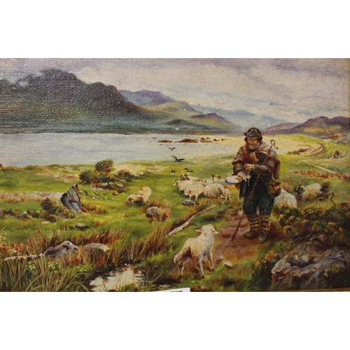 7 - A GILT FRAMED OIL ON BOARD OF A SHEPHERD IN A MOUNTAINOUS LANDSCAPE