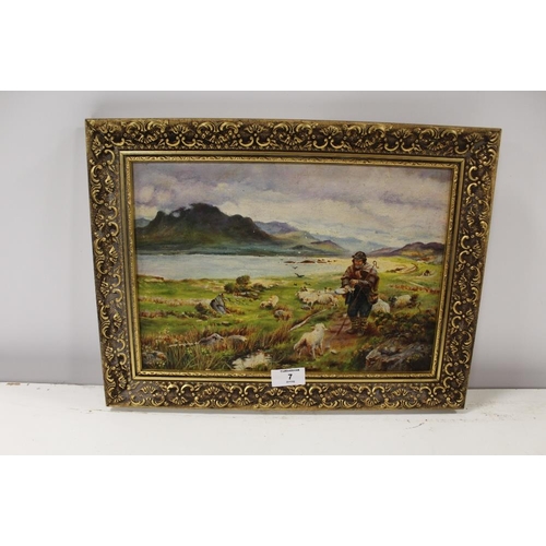 7 - A GILT FRAMED OIL ON BOARD OF A SHEPHERD IN A MOUNTAINOUS LANDSCAPE