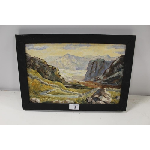 8 - A FRAMED IMPRESSIONIST OIL ON BOARD OF A MOUNTAINOUS RIVER LANDSCAPE SIGNED DUNLOP LOWER RIGHT