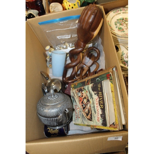 90 - A BOX OF COLLECTABLES TO INCLUDE A SILVER PLATED TEAPOT, VINTAGE ENID BLYTON BOOK, CUTLERY ETC.