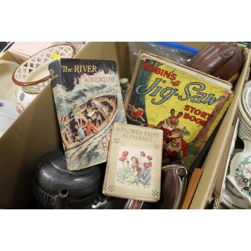 90 - A BOX OF COLLECTABLES TO INCLUDE A SILVER PLATED TEAPOT, VINTAGE ENID BLYTON BOOK, CUTLERY ETC.