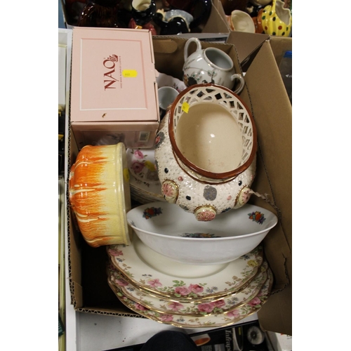 91 - A BOX OF ASSORTED CERAMICS TO INCLUDE A BOXED NAO FIGURE, MAJOLICA STYLE PLANTER, ROYAL ALBERT LAVEN... 