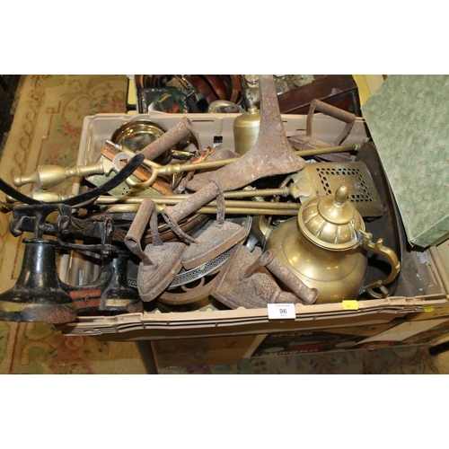 96 - A QUANTITY OF VINTAGE METALWARE TO INCLUDE A LARGE BRASS TEAPOT, BRASS BELL, VINTAGE IRONS ETC.