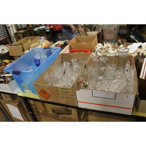 98 - THREE BOXES OF MOSTLY CUT GLASS TO INCLUDE A SET OF FOUR BLUE CUT GLASS WINE GLASSES, KINVER CRYSTAL... 