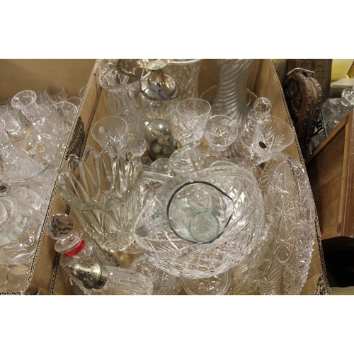 98 - THREE BOXES OF MOSTLY CUT GLASS TO INCLUDE A SET OF FOUR BLUE CUT GLASS WINE GLASSES, KINVER CRYSTAL... 