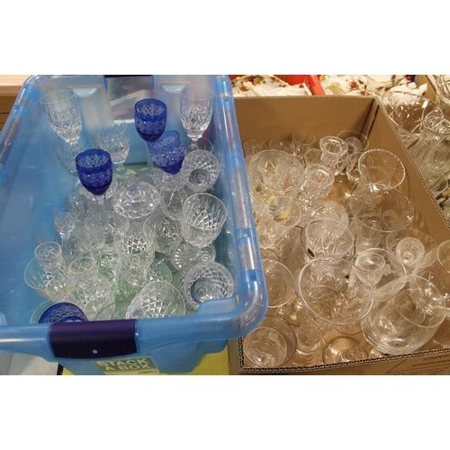 98 - THREE BOXES OF MOSTLY CUT GLASS TO INCLUDE A SET OF FOUR BLUE CUT GLASS WINE GLASSES, KINVER CRYSTAL... 