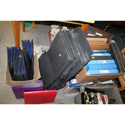 118 - A LARGE QUANTITY OF RING BIND FILES, TOGETHER WITH A QUANTITY OF FOLD UP MATERIAL CARRY BAGS ETC.