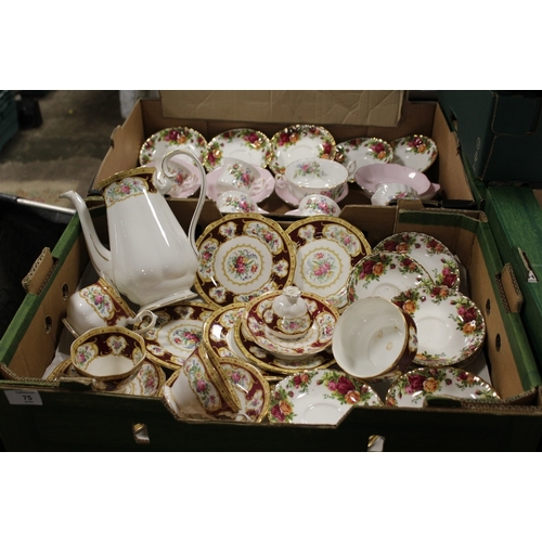 75 - TWO TRAYS OF ROYAL ALBERT CHINA TO INCLUDE LADY HAMILTON, OLD COUNTRY ROSES ETC.