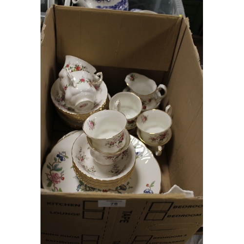 78 - A BOX OF ASSORTED CHINA TO INCLUDE ROYAL ALBERT, AYNSLEY AND PARAGON EXAMPLES