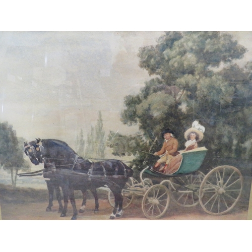 26 - A FRAMED AND GLAZED 19TH CENTURY WATERCOLOUR OF A HORSE AND CARRIAGE WITH FIGURES