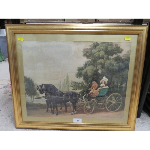 26 - A FRAMED AND GLAZED 19TH CENTURY WATERCOLOUR OF A HORSE AND CARRIAGE WITH FIGURES