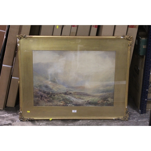 59 - A LARGE GILT FRAMED AND GLAZED WATERCOLOUR OF A MAN AND HIS SHEEP DOG ENTITLED 'ON THE MOORS AT HAWO... 