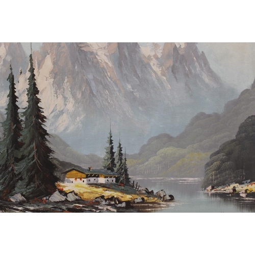 1 - A FRAMED OIL ON CANVAS OF A MOUNTAINOUS LAKE SCENE, SIGNED LOWER LEFT - H 60 CM W 90 CM