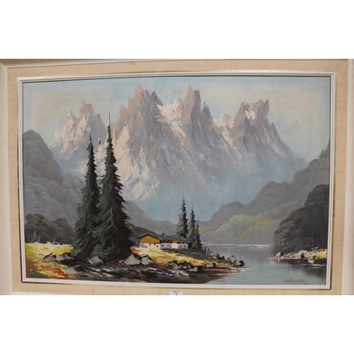 1 - A FRAMED OIL ON CANVAS OF A MOUNTAINOUS LAKE SCENE, SIGNED LOWER LEFT - H 60 CM W 90 CM