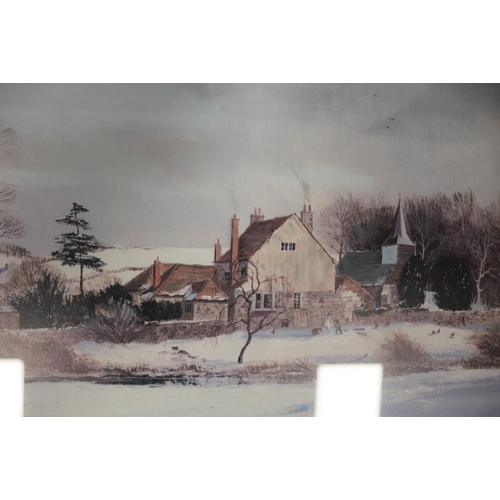 11 - A FRAMED AND GLAZED SIGNED PRINT OF A WINTER FARM SCENE TOGETHER WITH A LANDSCAPE BEACH SCENE AND A ... 