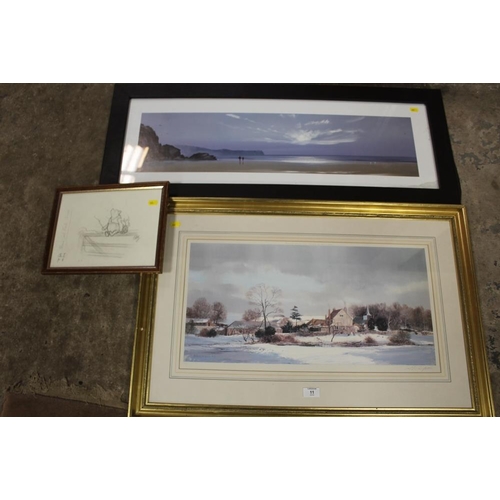 11 - A FRAMED AND GLAZED SIGNED PRINT OF A WINTER FARM SCENE TOGETHER WITH A LANDSCAPE BEACH SCENE AND A ... 