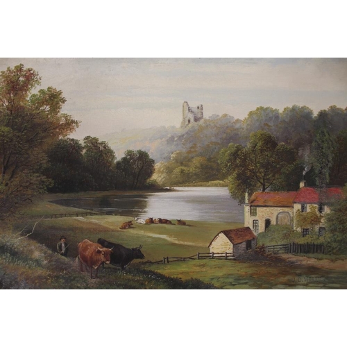 12 - A GILT FRAMED OIL ON CANVAS OF A PASTORAL SCENE OF A FARMER AND HIS CATTLE SIGNED J.D.MORRIS LOWER R... 