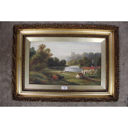 12 - A GILT FRAMED OIL ON CANVAS OF A PASTORAL SCENE OF A FARMER AND HIS CATTLE SIGNED J.D.MORRIS LOWER R... 