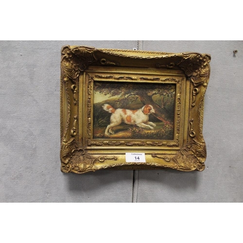 14 - A SMALL GILT FRAMED PAINTING OF A SPANIEL - H11.5 CM W 16 CM TOGETHER WITH A QUANTITY OF PICTURES AN... 