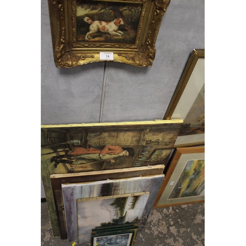 14 - A SMALL GILT FRAMED PAINTING OF A SPANIEL - H11.5 CM W 16 CM TOGETHER WITH A QUANTITY OF PICTURES AN... 